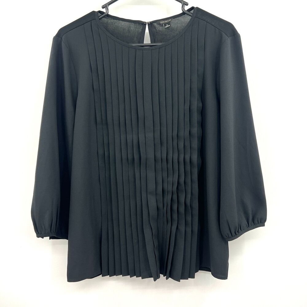 Ann Taylor Black Pleated Front Blouse Womens S 3/4 Sleeve Keyhole Back Top